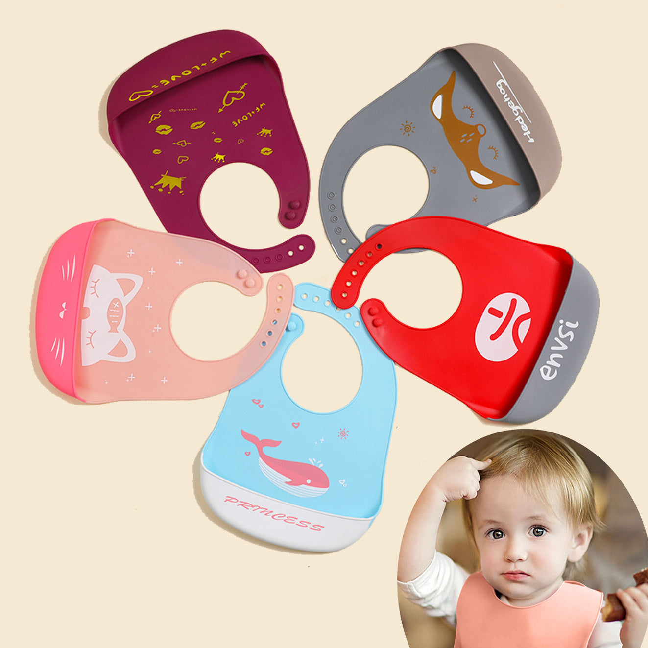 Cute Cartoon Silicone Baby Bibs - Waterproof, Adjustable, for Boys & Girls Feeding