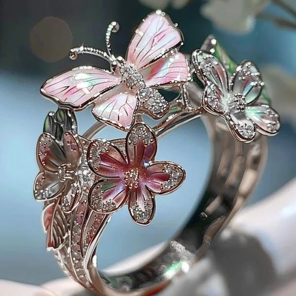 Gold Plated Butterfly Flower Crystal Ring for Women - Elegant Aesthetic Jewelry