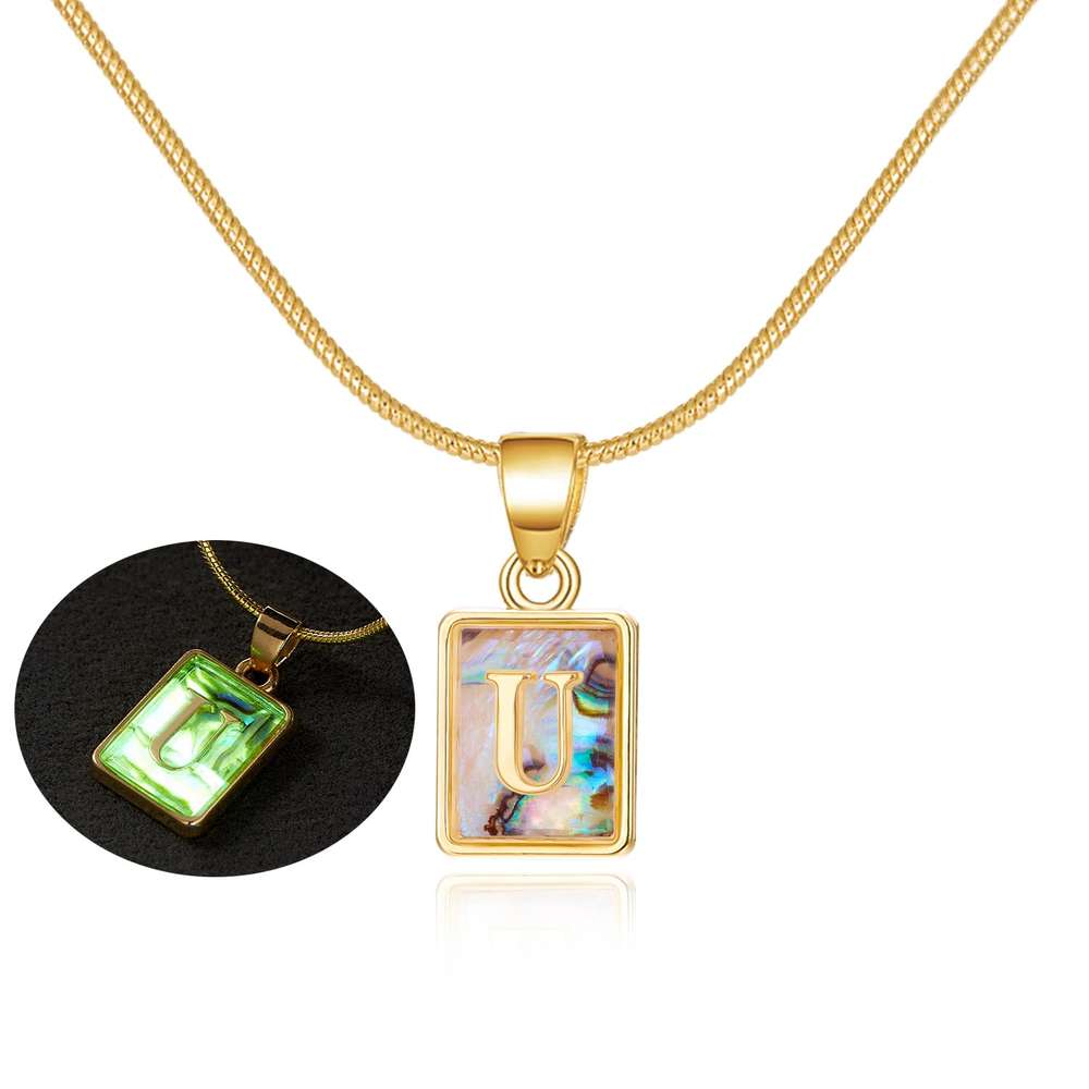 26 Letter Square Necklace Colorful Shell Luminous Pendant Chain Necklace For Women - Minihomy