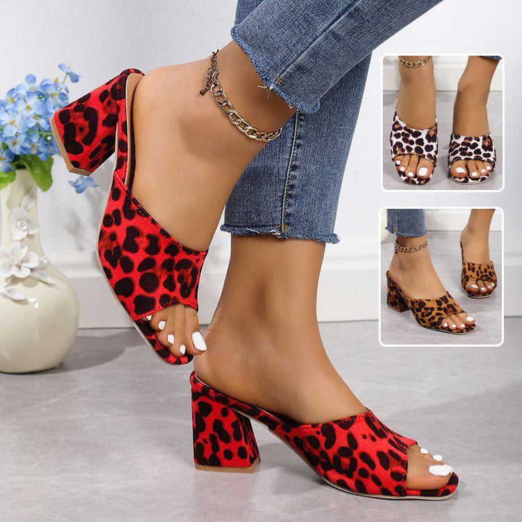 Women's Leopard Print Square Toe Chunky Heel Sandals