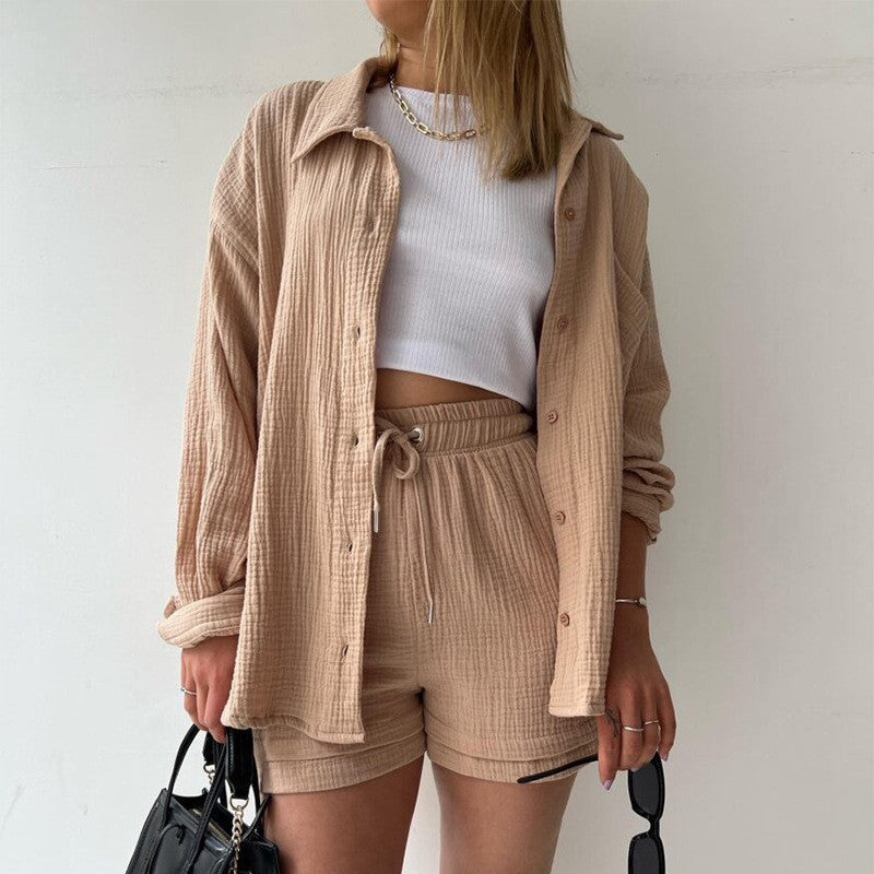 Long Sleeve Shirt and High Waist Drawstring Shorts Set