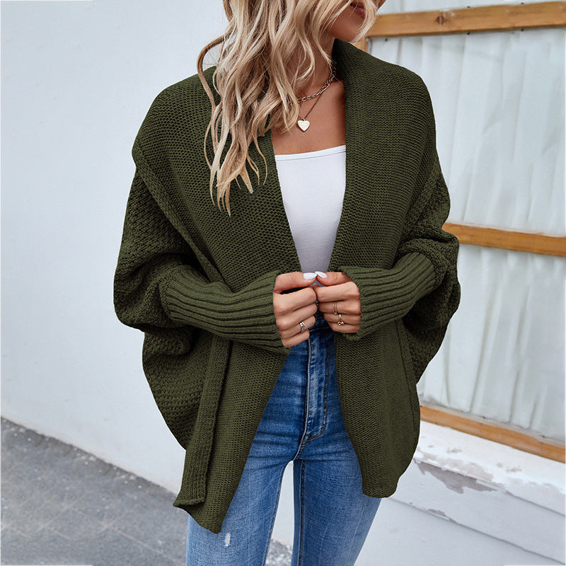 New Loose Knitted Sweater Solid Color Bat Sleeve Large Lapel Cardigan Autumn And Winter Fashion Jacket For Women Clothing - Minihomy