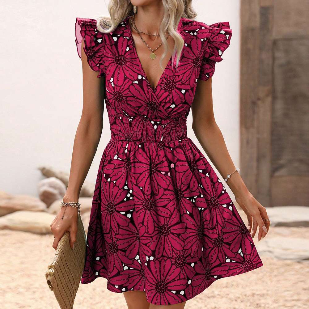 Flowers Print Ruffled Sleeveless Dress Summer Deep V-neck Slim-waist Short Dresses - Minihomy