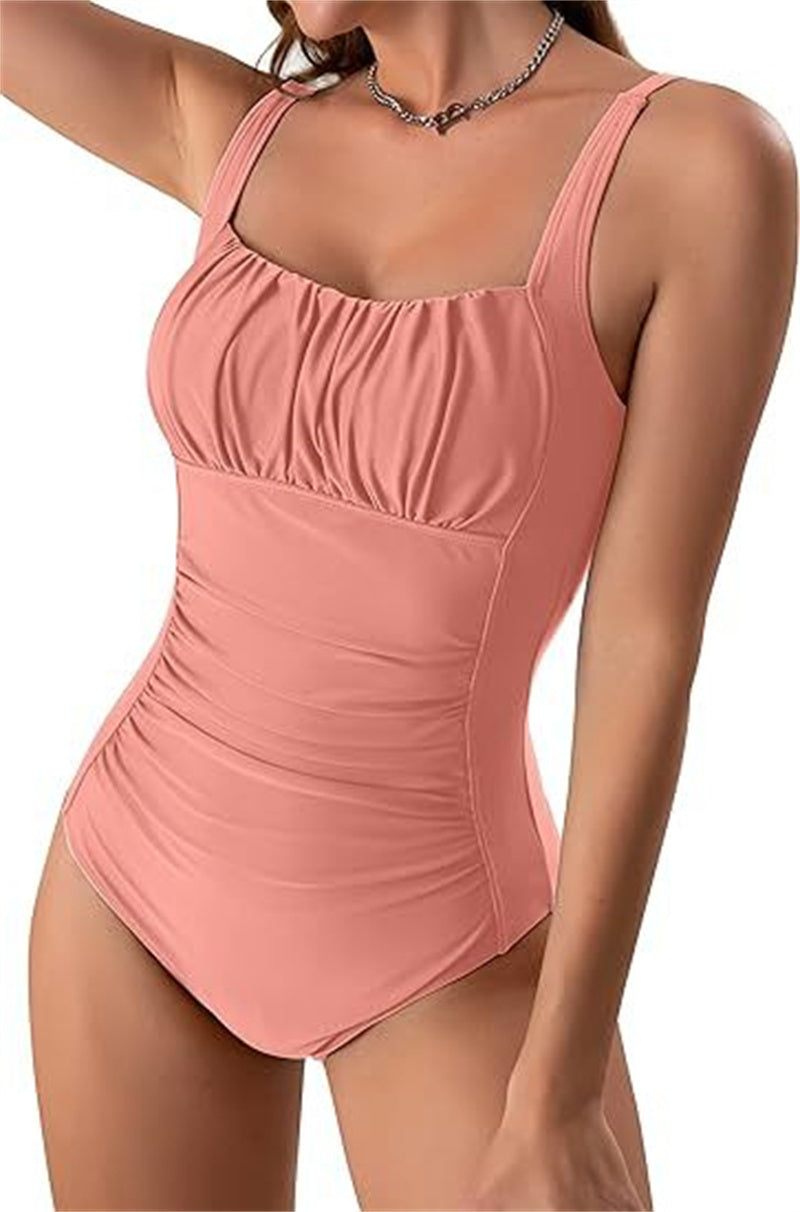 Neck One-piece Bikini Summer New Solid Color Pleated Design Swimsuit Beach Vacation Womens Clothing