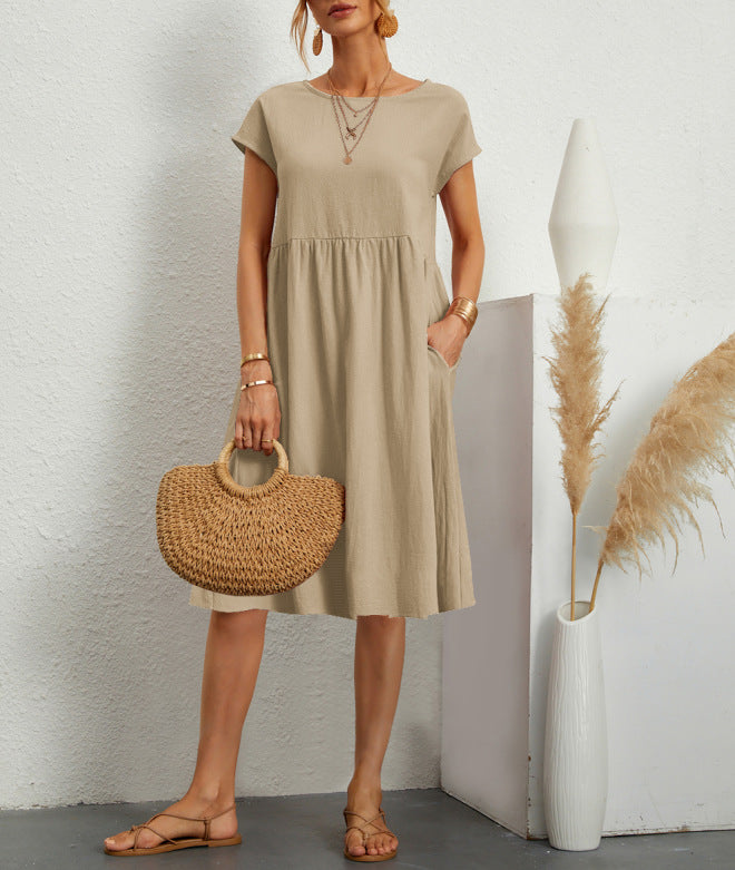 Women's Cotton Round Neck A-line Skirt Dress