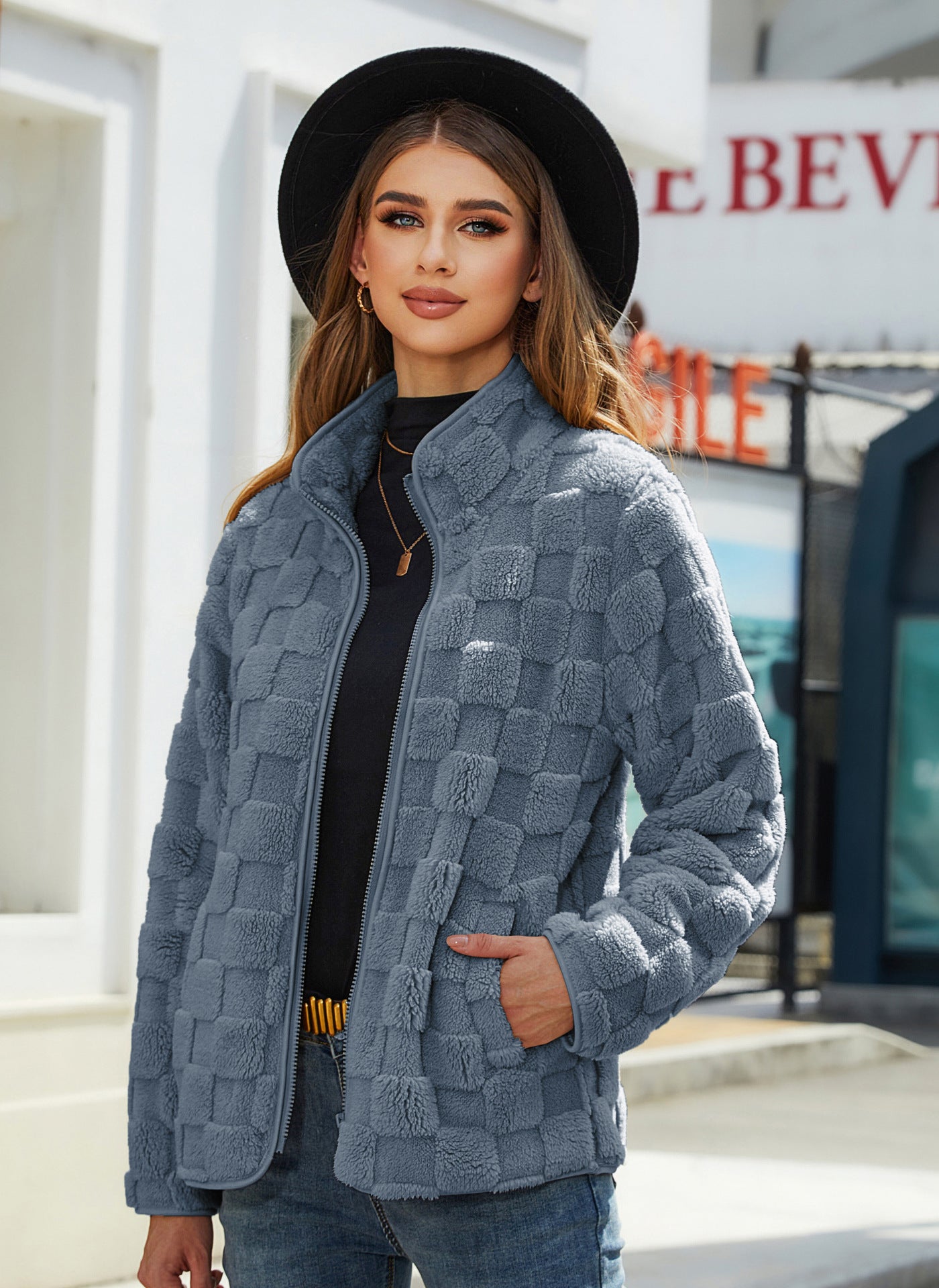 Stand-up Collar Plush Jacket Winter Long-sleeved Loose Zipper Cardigan Coat Women