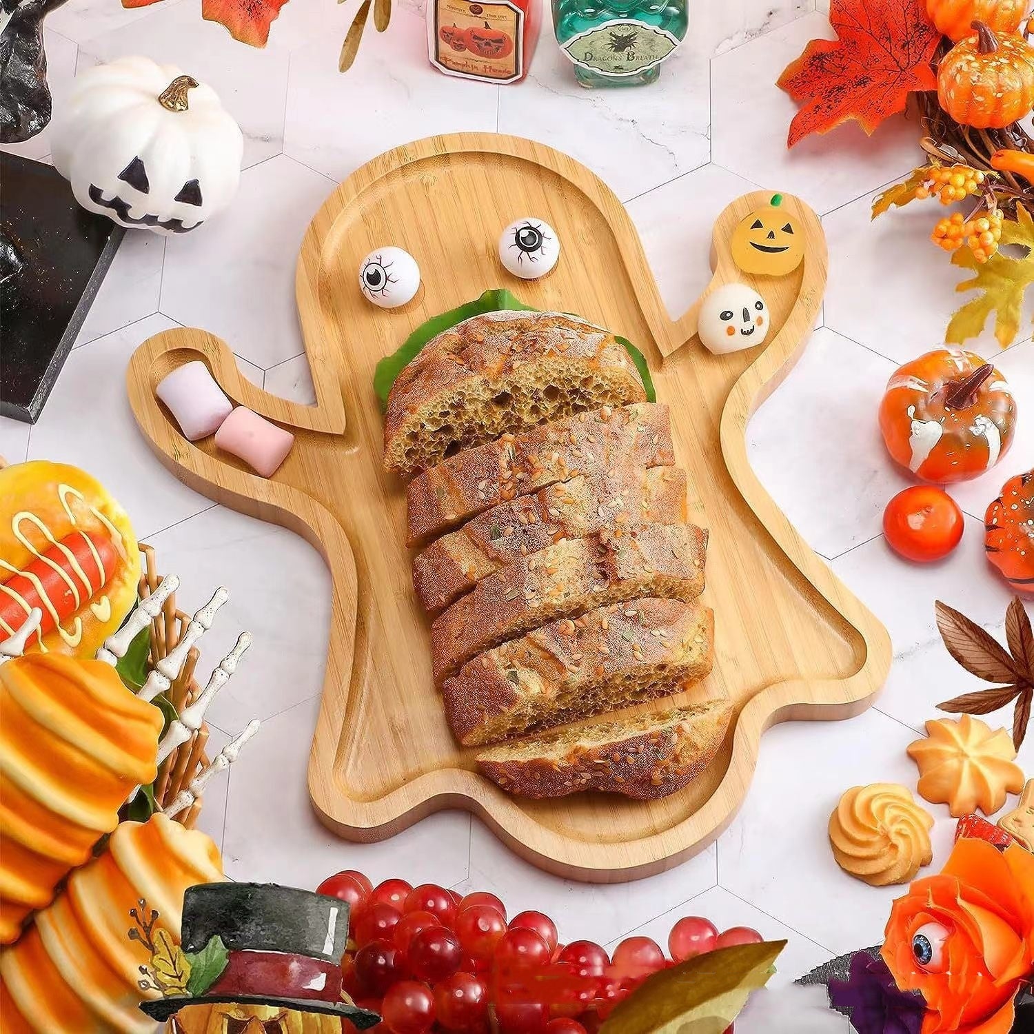 Halloween Ghost Wood Pan Plates Fruit Dishes Decorative Tray Dishes Funny Bamboo Wood Cheese Platter Tray For Candy Cookie Kitchen Gadgets