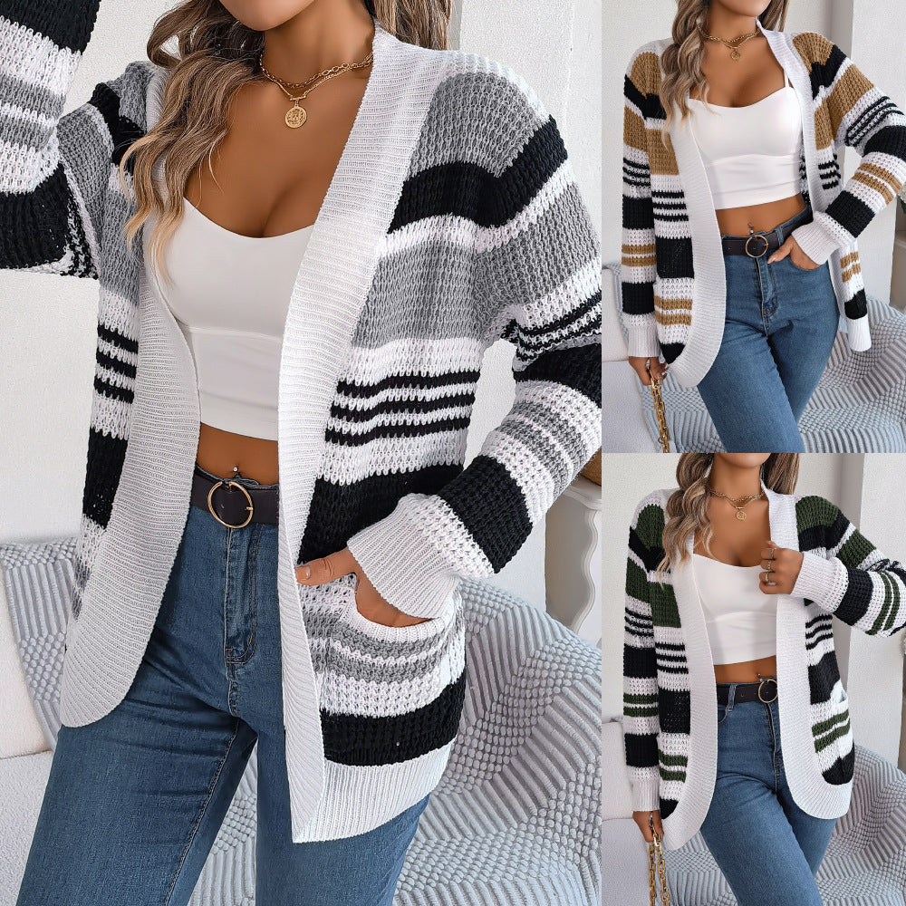 Contrast Color Striped Pocket Long Sleeve Sweater Cardigan - Minihomy