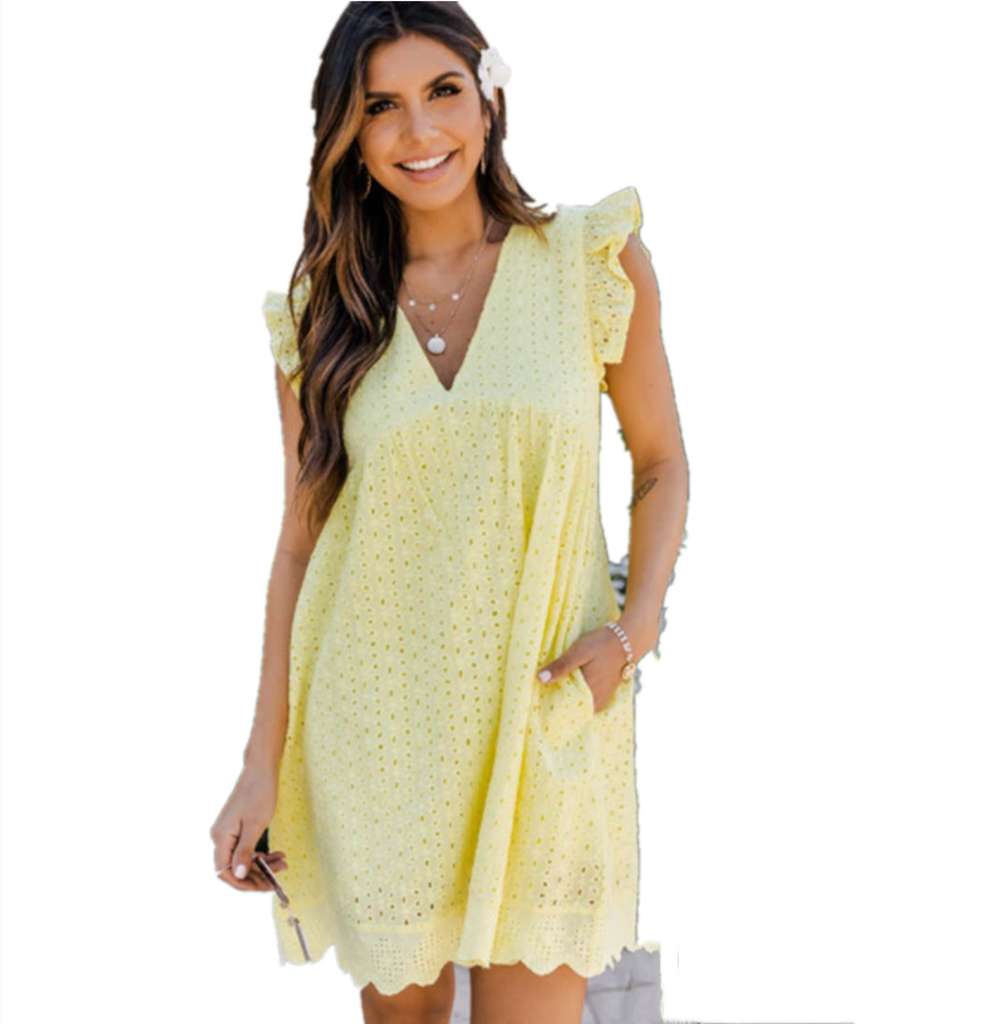 Lace Dresses With Pocket Summer Sleeveless Jacquard Cutout V-Neck Beach Dress - Minihomy