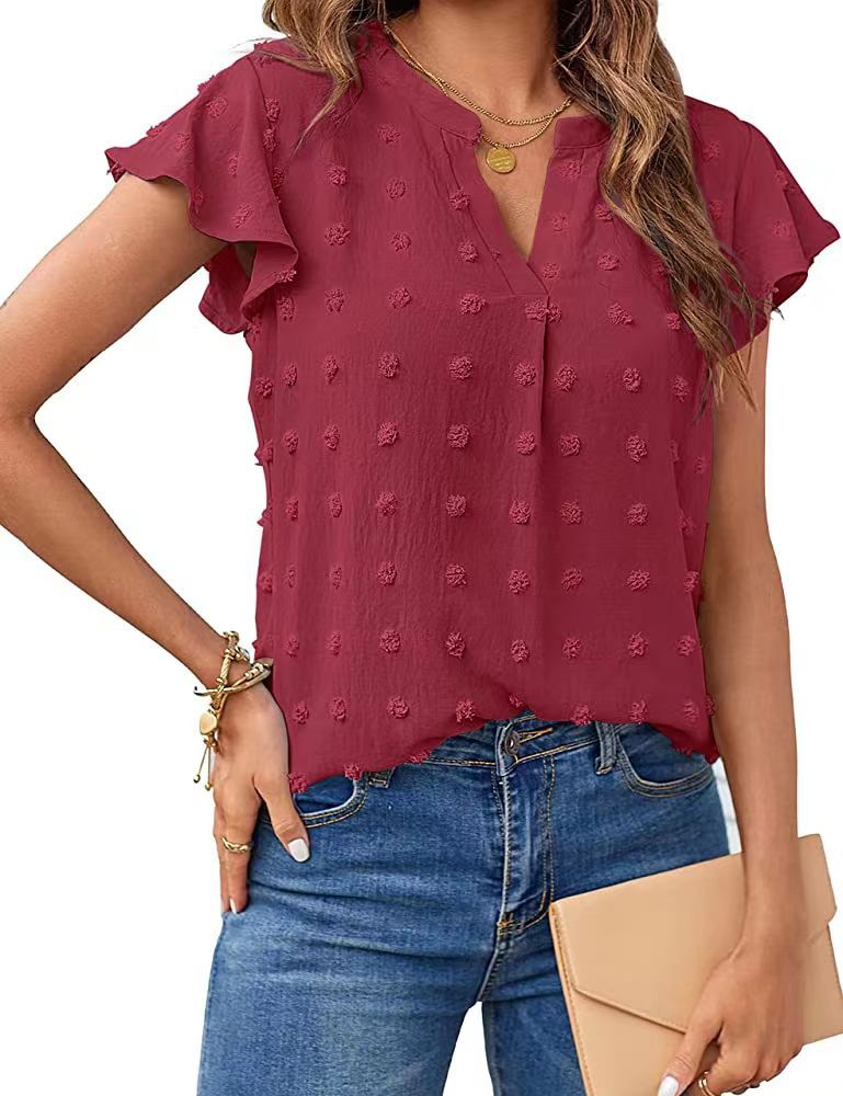 Women's Summer V Neck Ruffle Short Sleeve Blouse - Dot Flowy Shirt Top