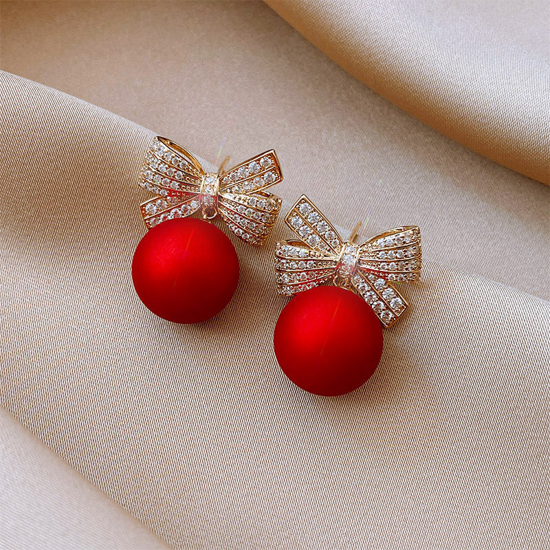 Female Bowknot Pearl Earrings Temperament Christmas - Minihomy