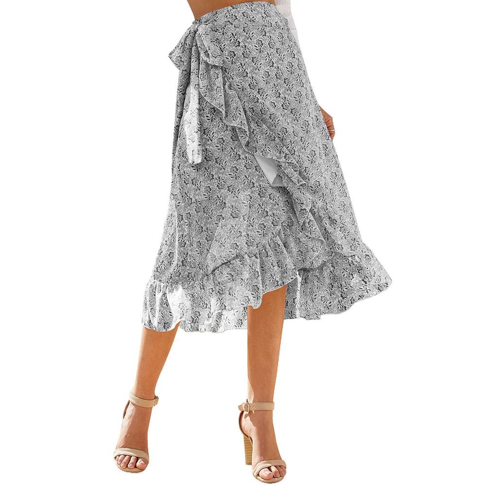 High Waist Fashion Long Black Knotted Tied Wrap Floral Ruffle Chiffon A-Line Split Skirt - Minihomy