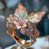 Gold Plated Butterfly Flower Crystal Ring for Women - Elegant Aesthetic Jewelry