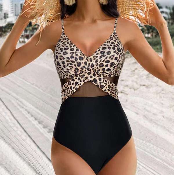 Halter-neck One-piece Swimsuit Summer Solid Color Cross-strap Design Mesh Bikini Beach Vacation Womens Clothing - Minihomy