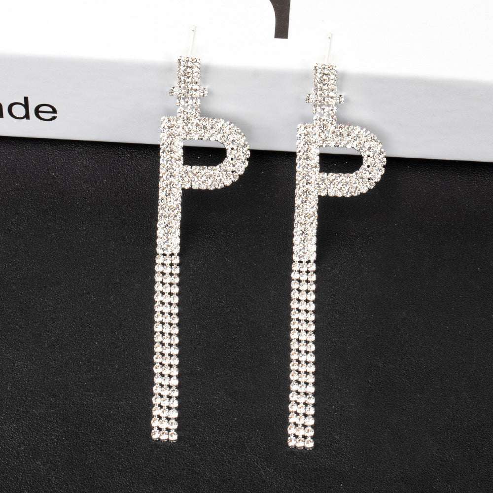 925 Silver Needle Ornaments Rhinestone Letter B Earrings Banquet Tassel Ear - Minihomy