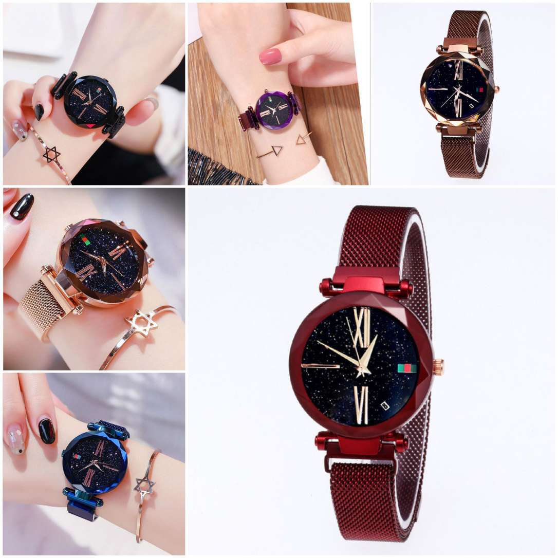 Luxury Women Watches Mesh Ladies Clock Magnet Buckle Starry Diamond Geometric Surface Quartz Wristwatch - Minihomy