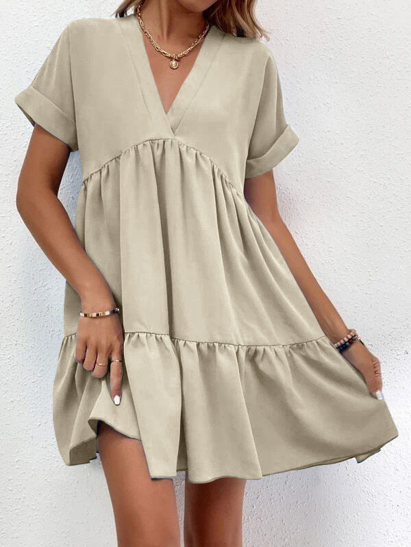 Short-sleeved V-neck Dress Summer Casual Sweet Ruffled Dresses Solid Color Holiday Beach Dress For Womens Clothing