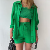 Long Sleeve Shirt and High Waist Drawstring Shorts Set