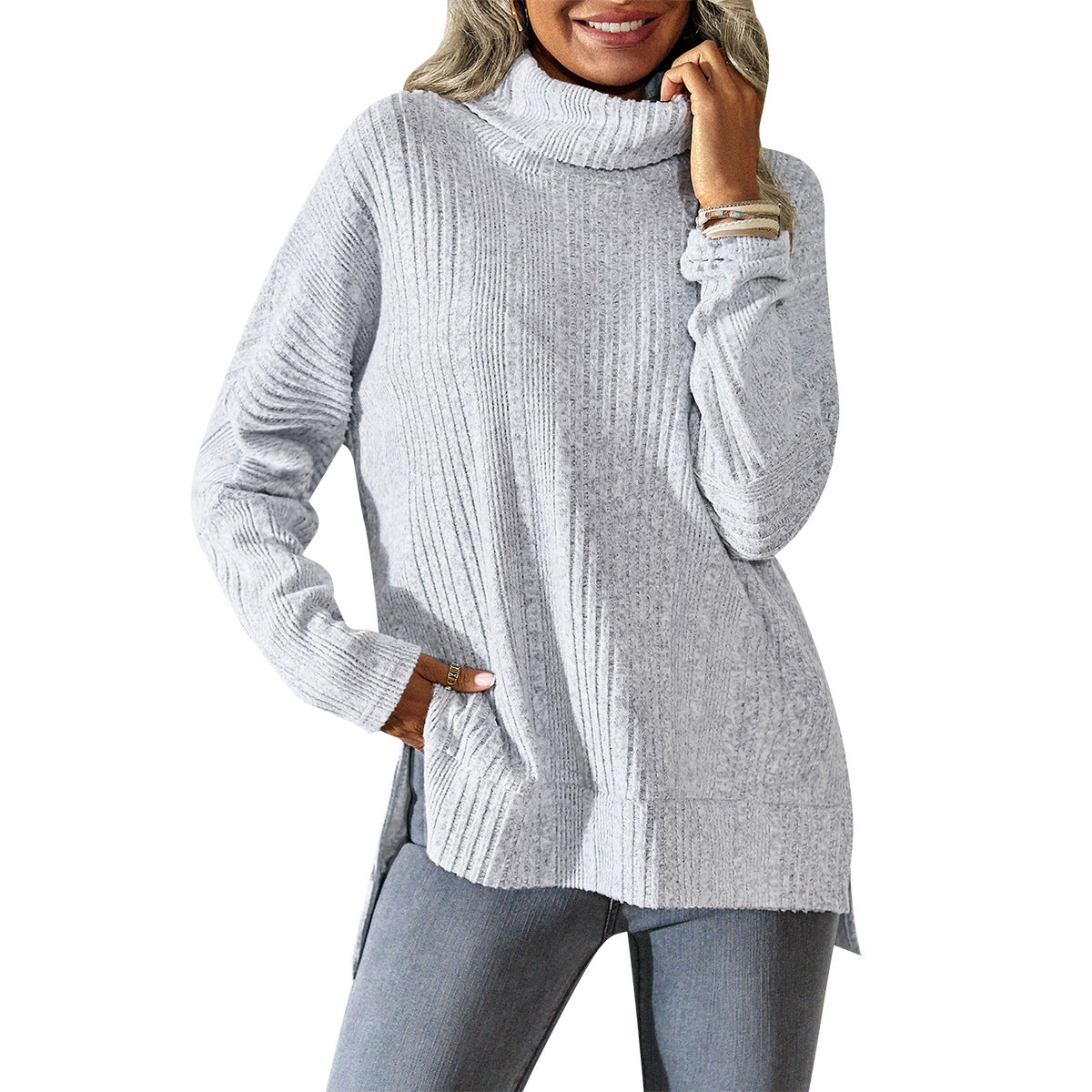 Women's Casual Turtleneck Fleece Knitted Long-sleeved Top