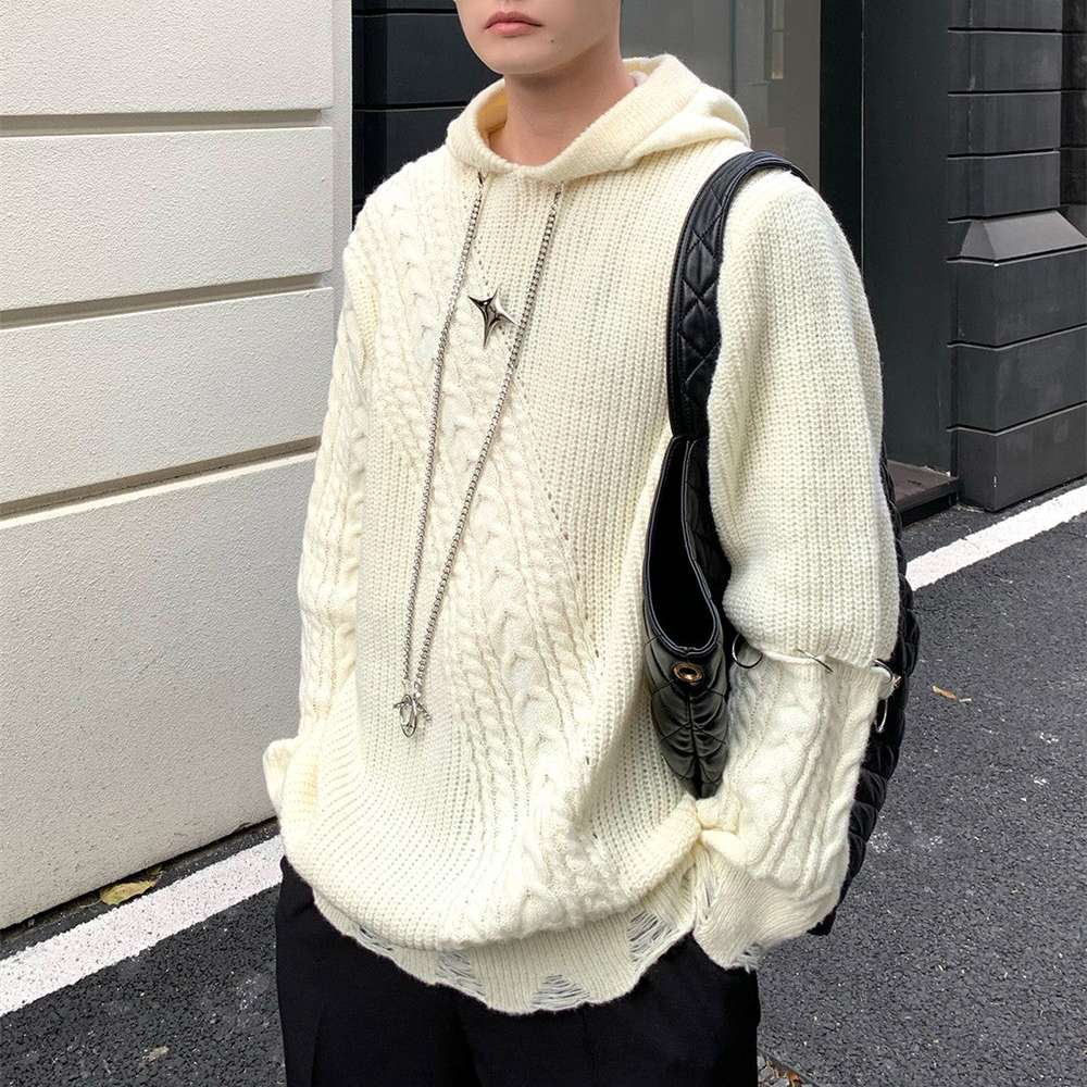 Autumn Winter Hooded Woven Textured Sweater - Minihomy