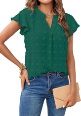 Women's Summer V Neck Ruffle Short Sleeve Blouse - Dot Flowy Shirt Top