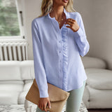 Striped Long Sleeve Shirt Fashion Ruffle Design Button Up Tops Casual Office Blouse
