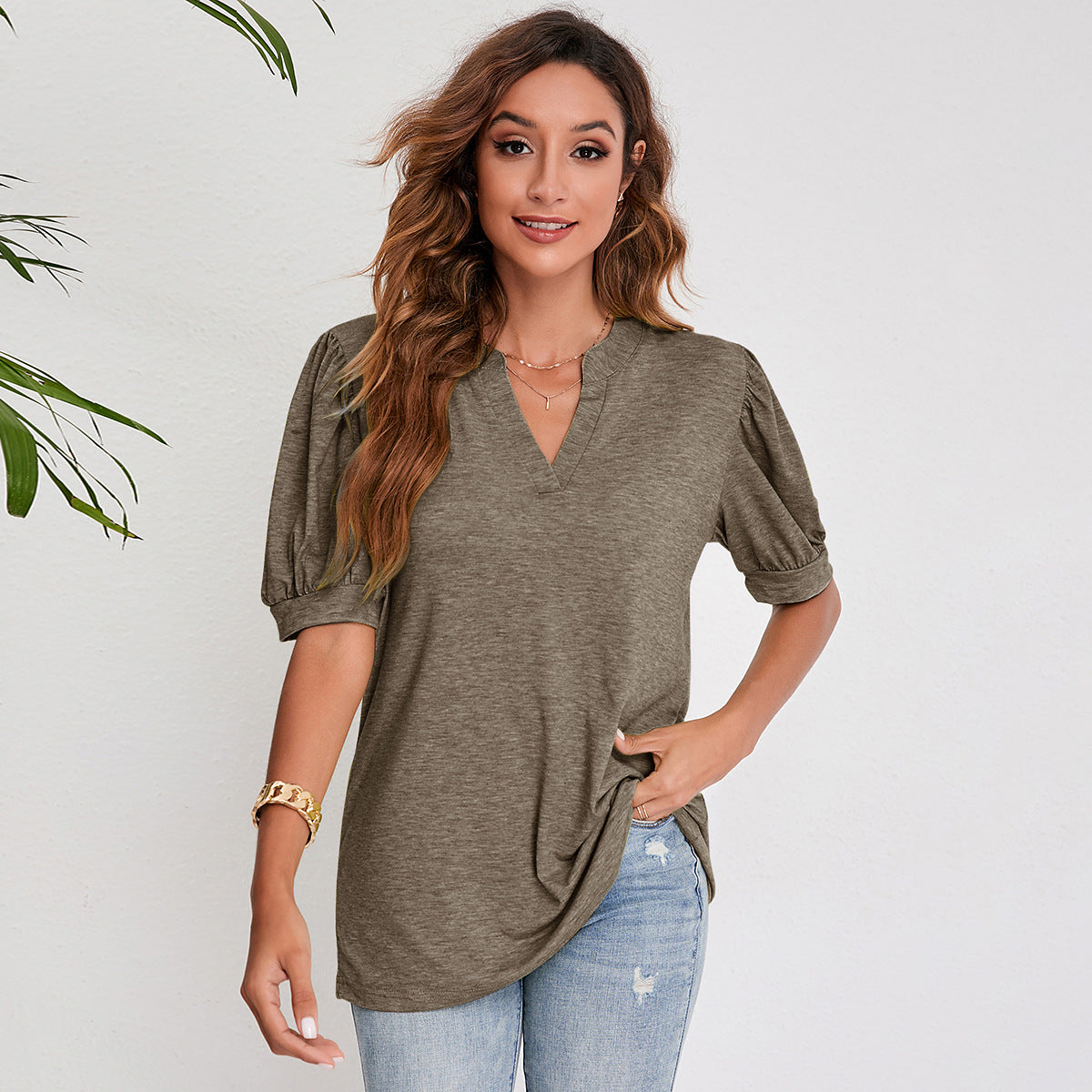 Women's Pleated Puff Sleeve Tops Summer V Neck T Shirts Casual Loose Blouses