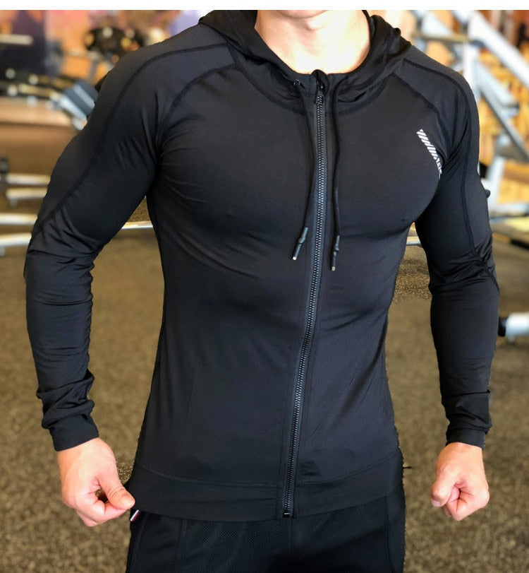 Men Sports Coat Fitness Long Sleeve Running Elastic Tight Hoodies - Minihomy