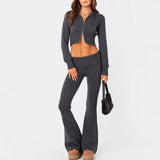 Women's Knit Hooded Zip-Up Crop Top & Flared Pants Set