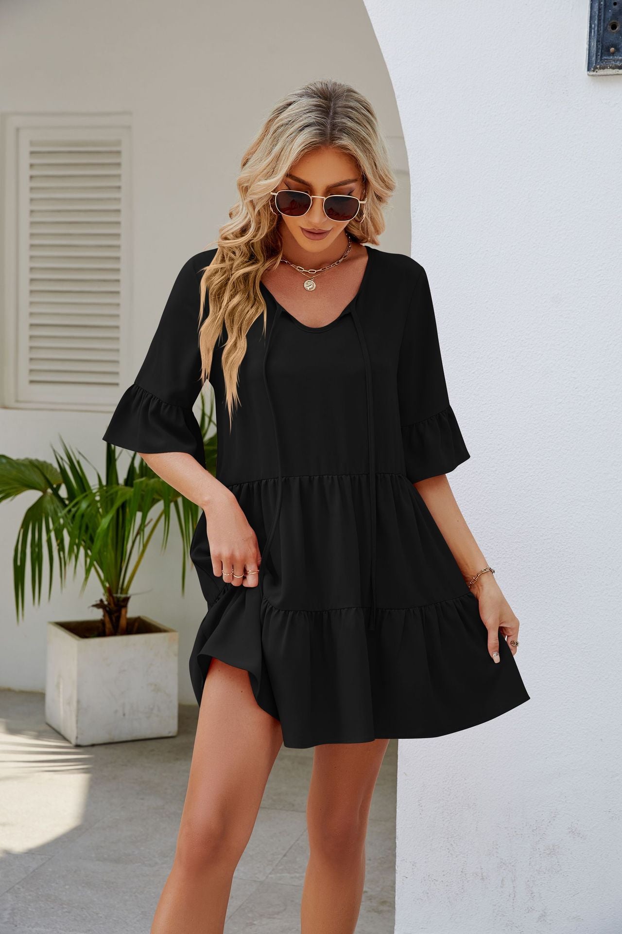 Women's Pleated Ruffled Short Sleeve Lace-up Dress