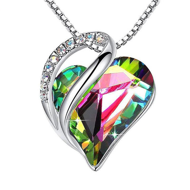 Sterling Silver Geometric Heart Shape Colorful Crystal Pendant Necklace