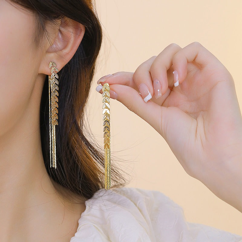 Wheat Long Fringe Earrings Dual-wear Women