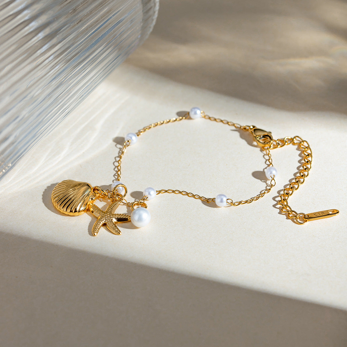 18K Gold Pearl Chain Bracelet - Summer Shell & Starfish Pendant