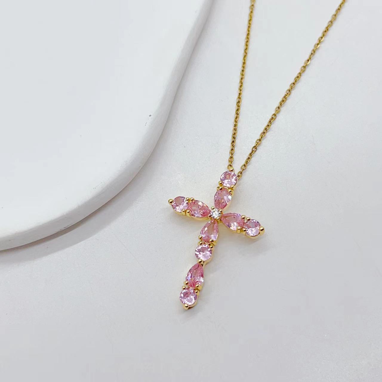 Micro Inlay Colorful Zircon Water Drops Cross Necklace: Symbol of Elegance and Faith - Minihomy