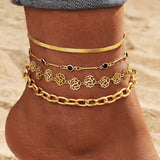 Rose Black Diamond Snake Chain Anklet 4-Piece Set - Foot Jewelry