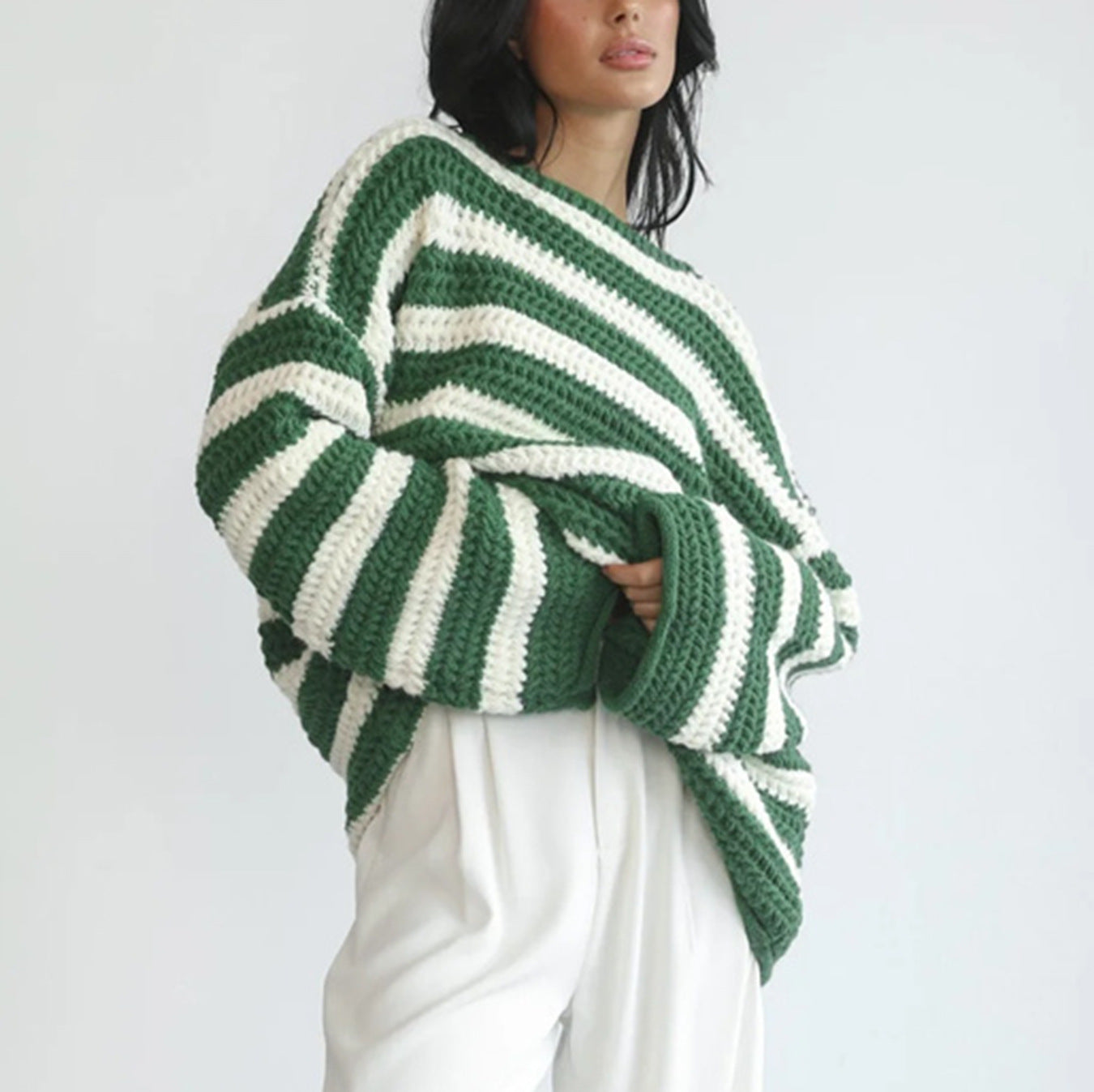 Women's Loose Off Shoulder Striped Long-sleeved Sweater