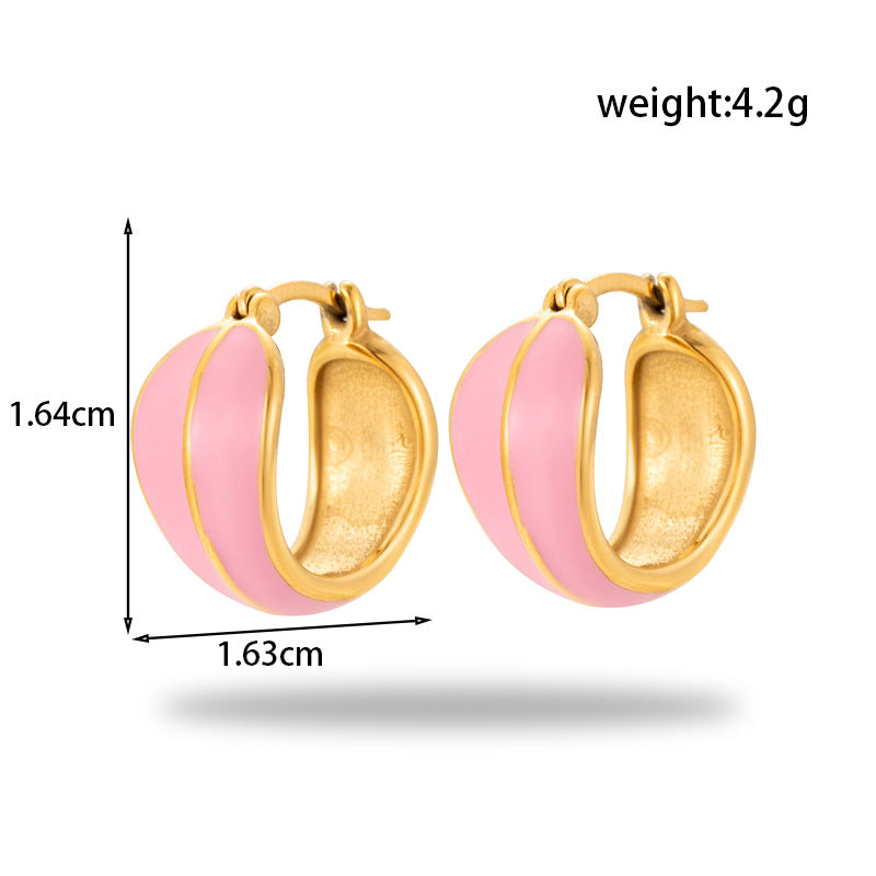 Heart-Shaped Titanium Steel Earrings for Women - Round Oil Painting Design