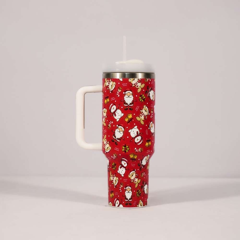 Christmas Pattern Mug With Handle Lid Straw Drinkware Stainless Steel Vacuum Tumbler Large Capacity Car Travel Coffee Cup - Minihomy