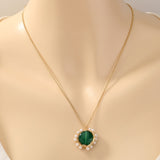 Women's Vintage Court Style Pure White Pearl Green Natural Stone Pendant Necklace