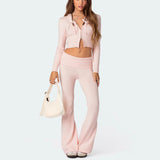 Women's Knit Hooded Zip-Up Crop Top & Flared Pants Set