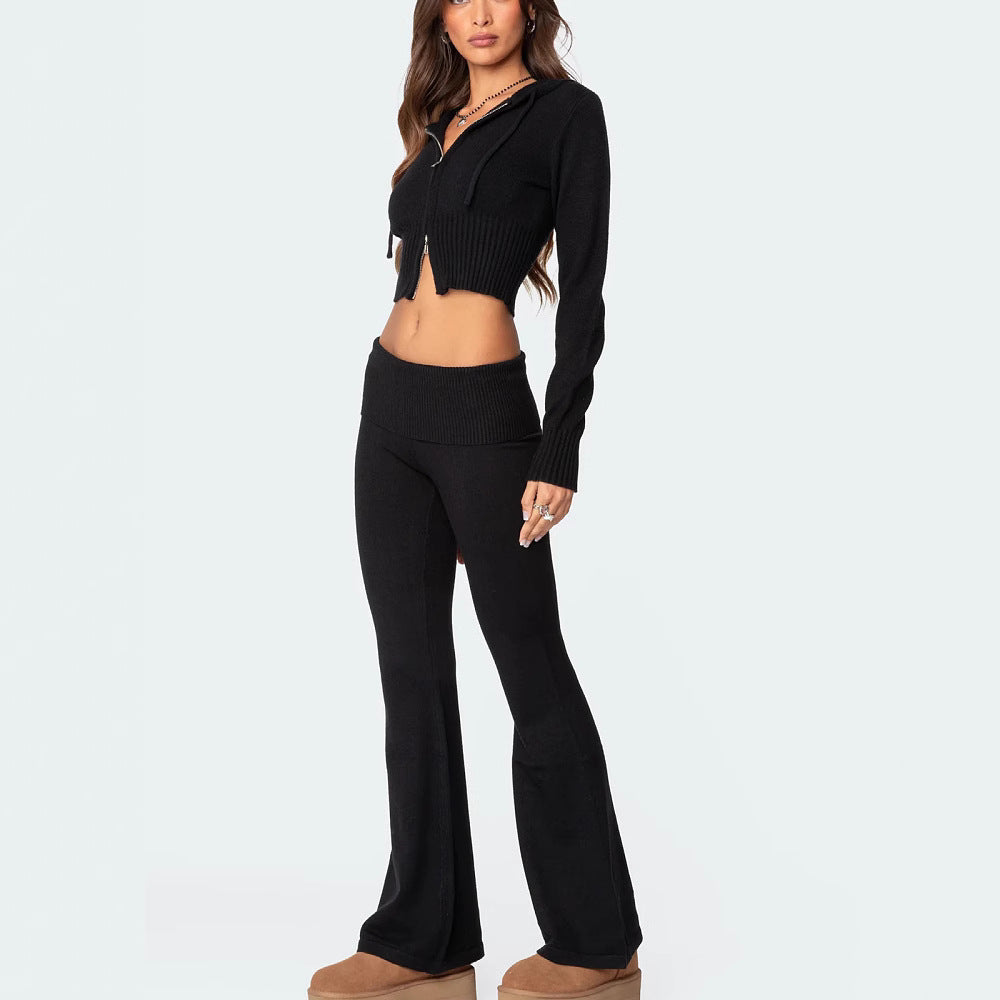 Women's Knit Hooded Zip-Up Crop Top & Flared Pants Set