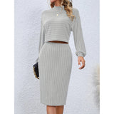 Long Sleeve Top Solid Color Hip Skirt Two Pieces - Minihomy