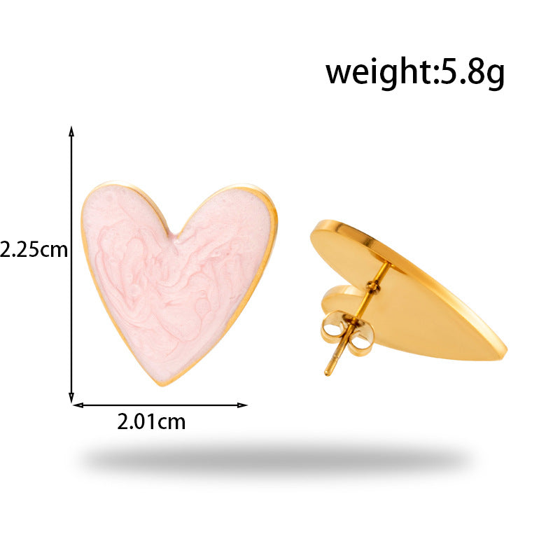 Heart-Shaped Titanium Steel Earrings for Women - Round Oil Painting Design