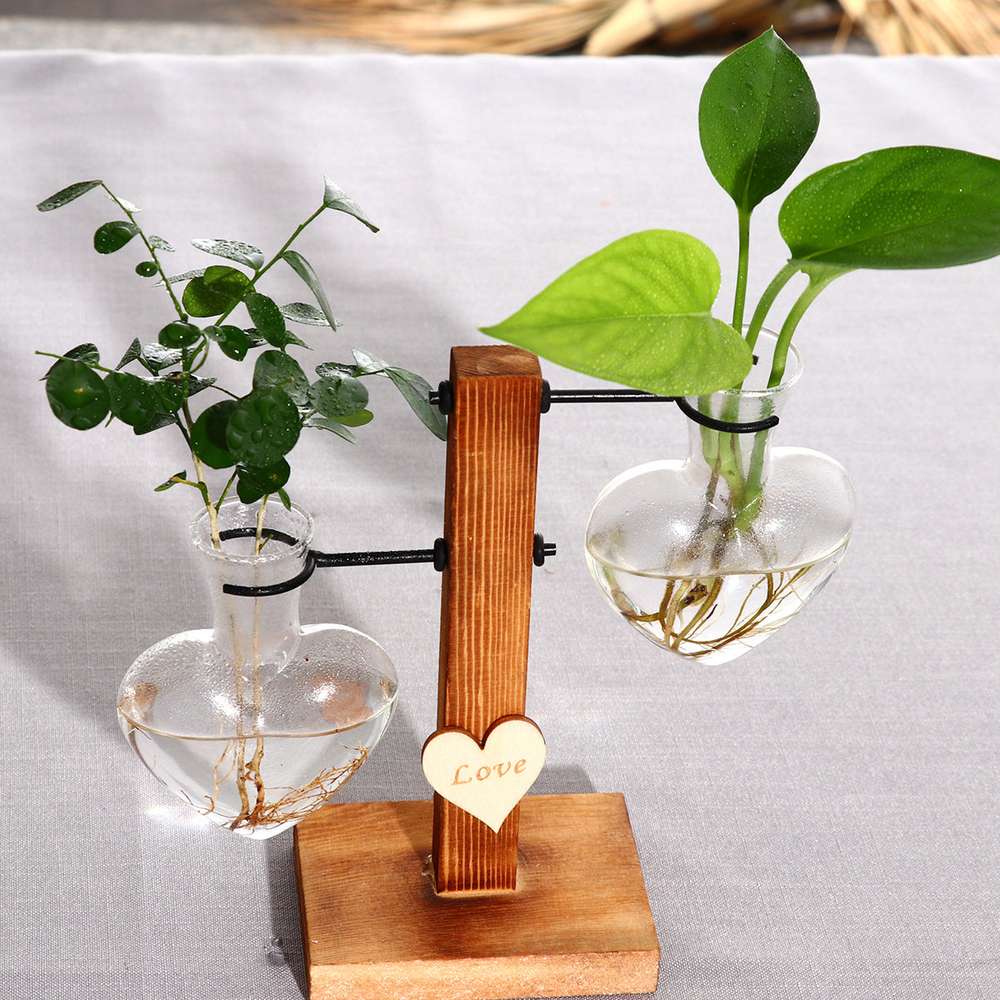 Love Heart Shape Clear Glass Hydroponic Flower Vase with Wooden Stand - Minihomy