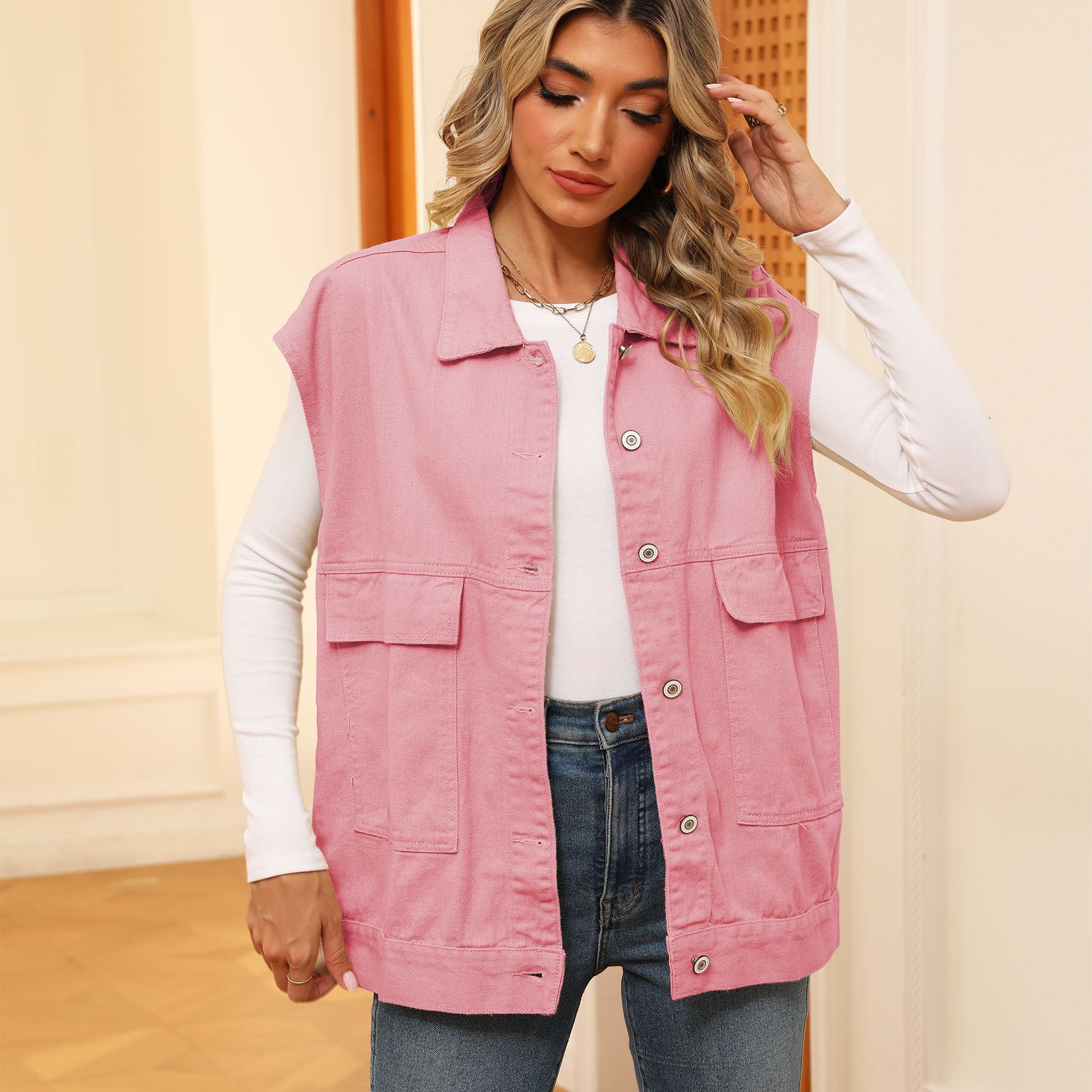 Denim Vest With Big Pockets Sleeveless Outwear Vest Women's Clothing - Minihomy