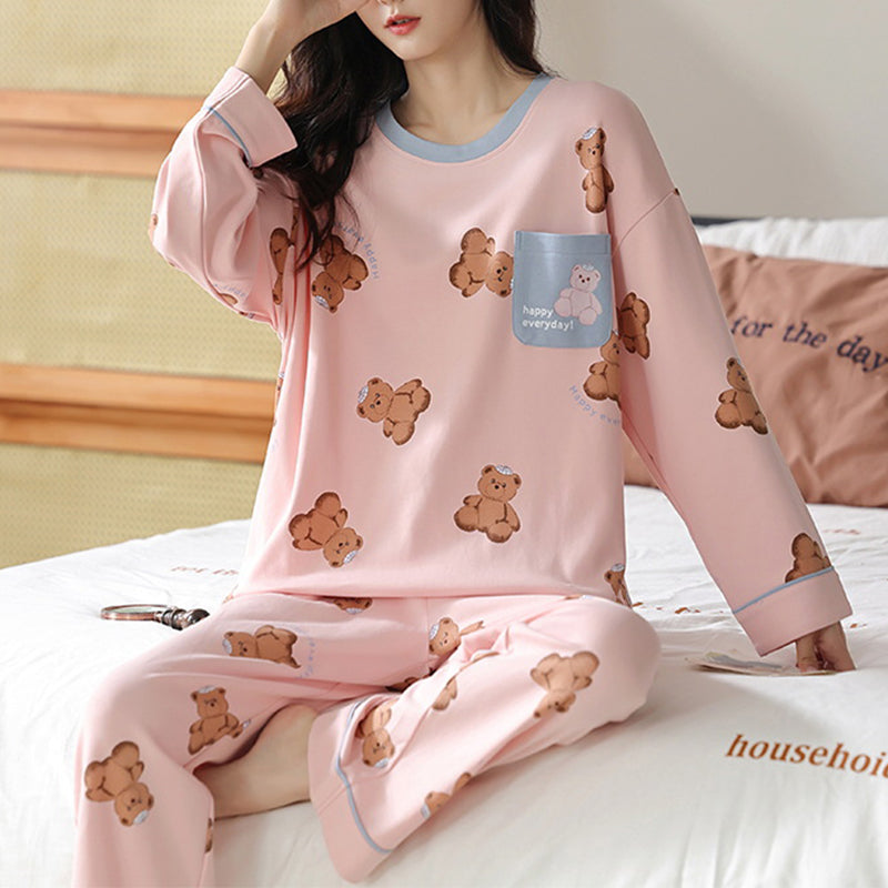 Loose Print Pajamas Women Autumn Winter Pyjama Set Long Sleeves And Trousers Sleepwear