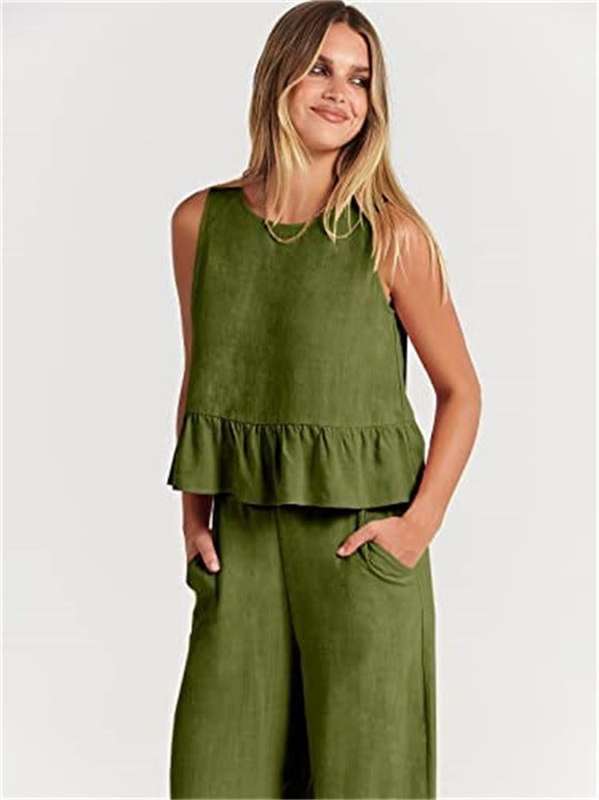 Casual Suit Summer Sleeveless Pleated Vest And Wide-leg Cropped Pants Two Piece Sets - Minihomy