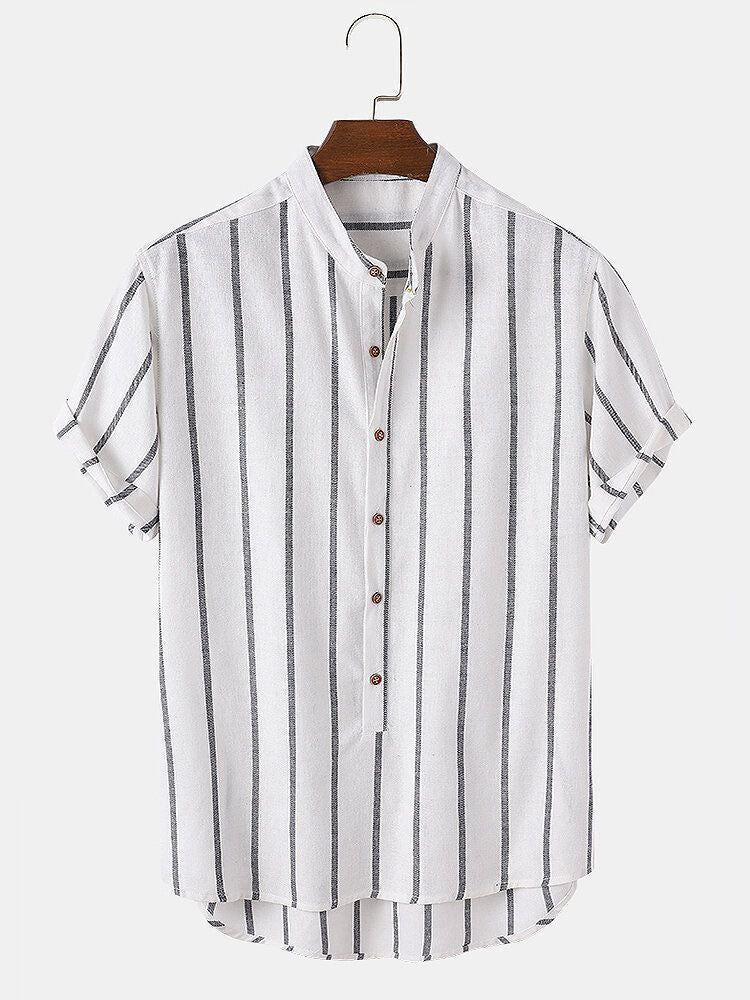 Simple Striped Men's Stand Collar Short Sleeve Shirt Men