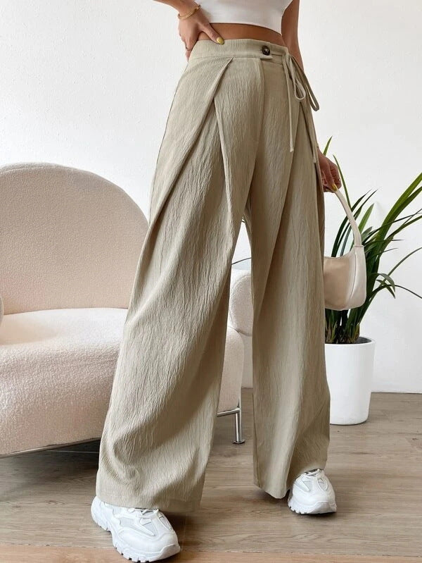 High-Waist Lace-up Patchwork Casual Straight Leg Pants