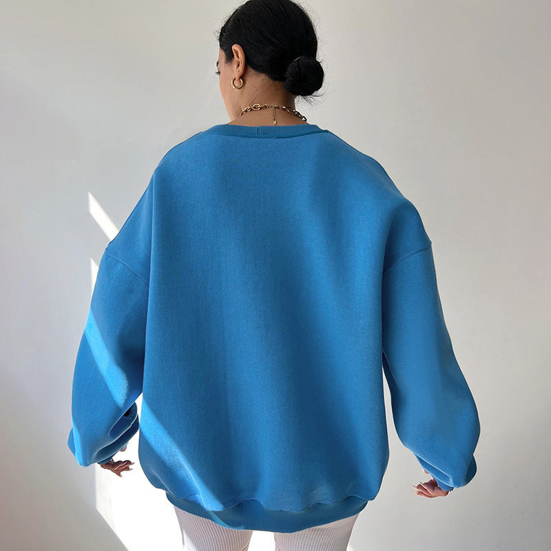 Loose Sweater Women's Casual Round Neck Pullover Tops Solid Color Sports Sweatshirt